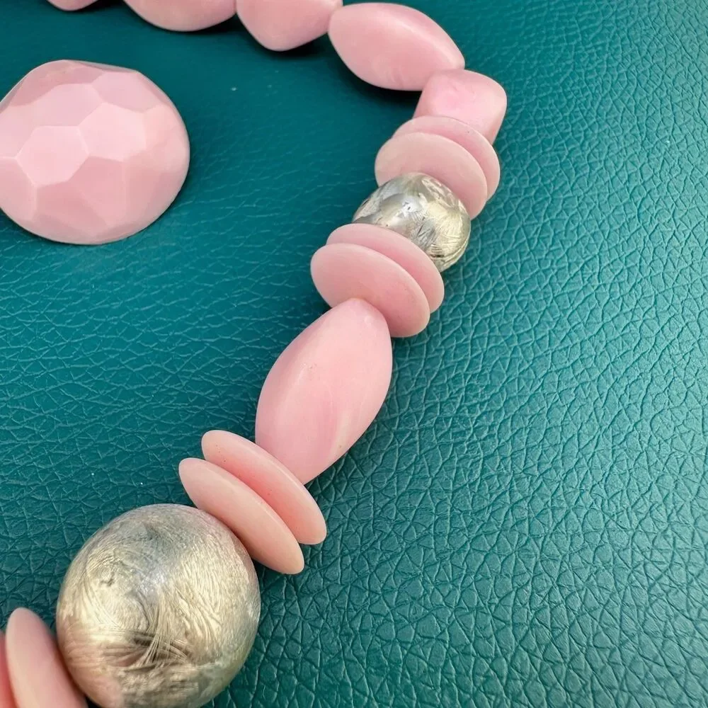 Vintage Necklace Earrings Set Pink Silver Tone Acrylic Chunky Bauble Bead Retro